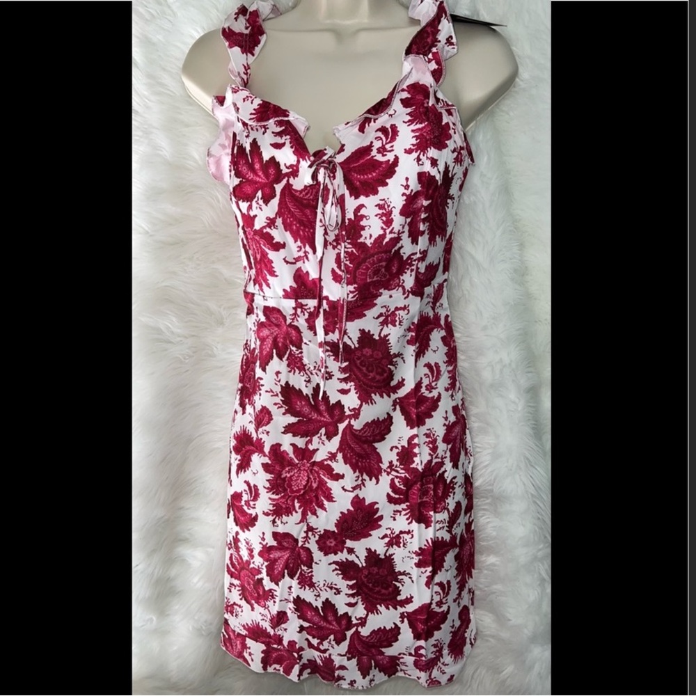 NWT Flirty ruffled mini dress with beautiful red/white floral fall colors.